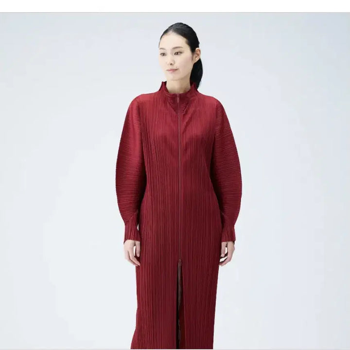 [BUNJANG] Pleats Please Zip-Up Long Coat Cardigan Carmine / 플리츠플리즈 집업 롱코트 롱가디건 카민
