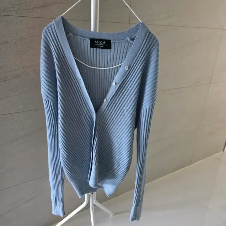 [BUNJANG] Blue Ribbed Knit Cardigan / 블루골지 니트가디건