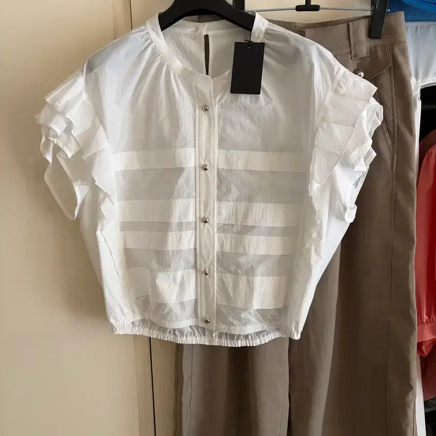 [BUNJANG] System White Ruffle Detail Top / 새상품/시스템 화이트 캉캉 디테일 탑/택55/55-66