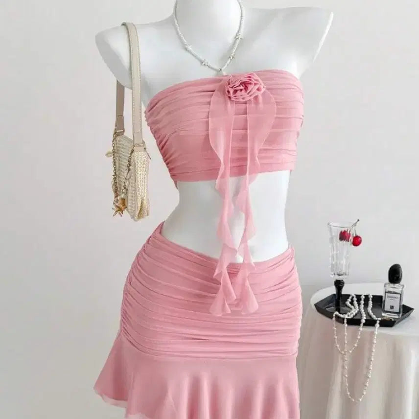 [BUNJANG] Pink Tube Top Mini Skirt Two-Piece Set / 핑크 튜브탑 미니 스커트 투피스 세트
