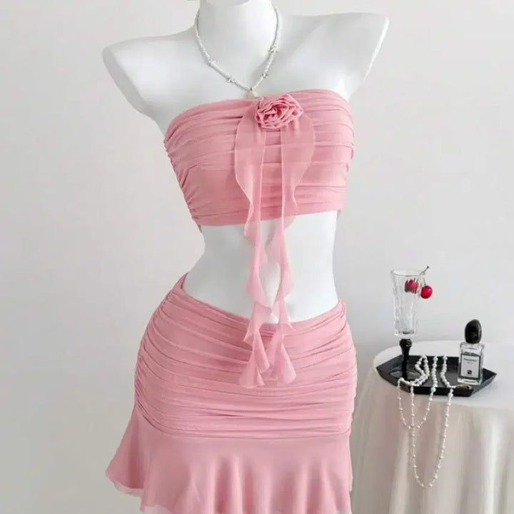 [BUNJANG] Pink Tube Top Mini Skirt Two-Piece Set / 핑크 튜브탑 미니 스커트 투피스 세트