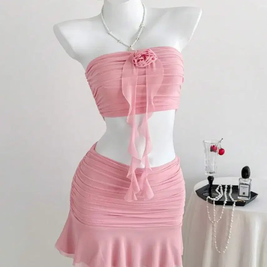 [BUNJANG] Pink Tube Top Mini Skirt Two-Piece Set / 핑크 튜브탑 미니 스커트 투피스 세트