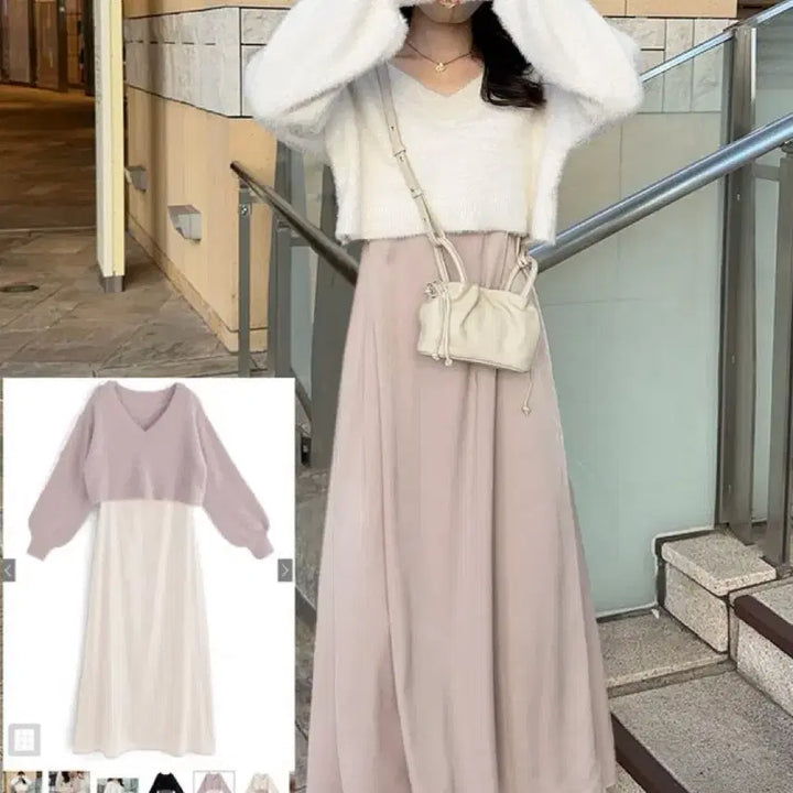[BUNJANG] GRL Ivory Angora Knit Bustier Long Dress Coordination Set / 그레일 아이보리 앙고라 니트 뷔스티에 롱 원피스 코디세트 양산형