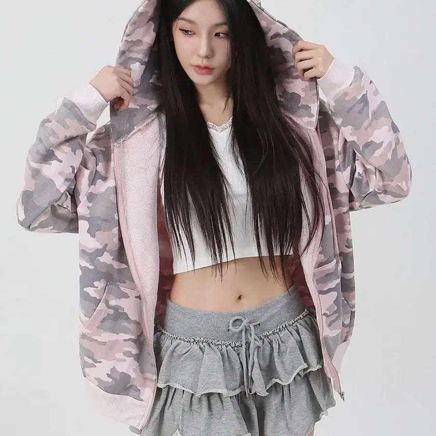 [SOLD OUT] 핑크 카모 까트린 후드 집업