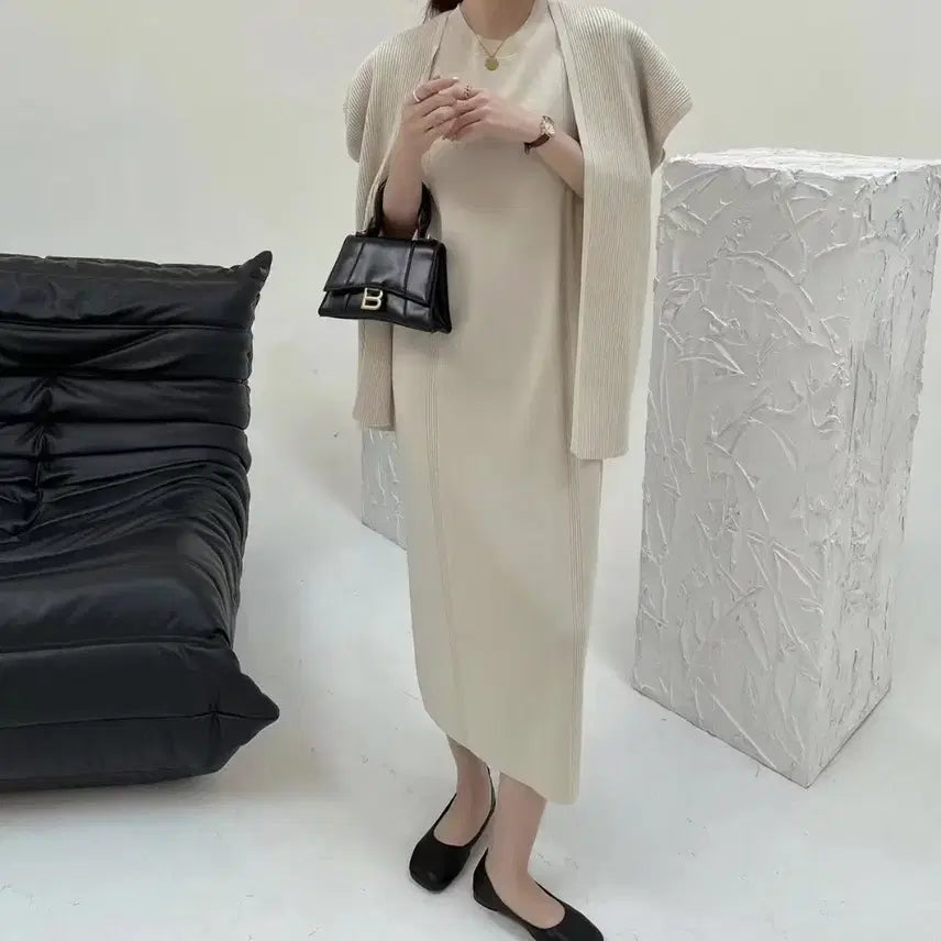 [BUNJANG] Ivory Set (Long Vest Cardigan + Dress) / 아이보리 셋업(롱조끼가디건+원피스)
