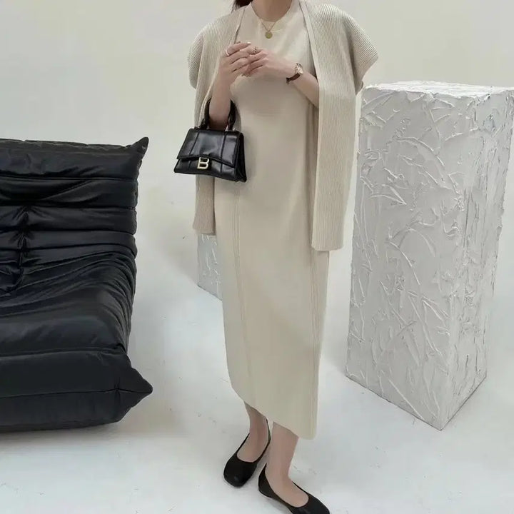 [BUNJANG] Ivory Set (Long Vest Cardigan + Dress) / 아이보리 셋업(롱조끼가디건+원피스)