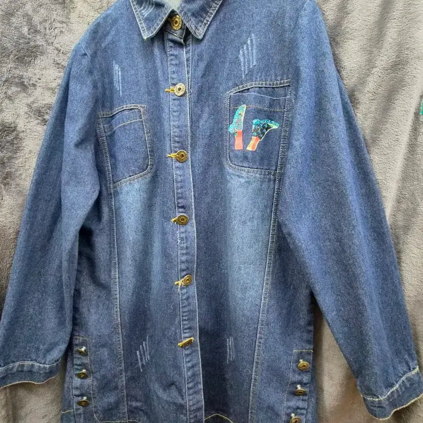[BUNJANG] Unbranded Denim Long Jacket with Embroidery Detail / 데님 자켓 청자켓 데님셔츠