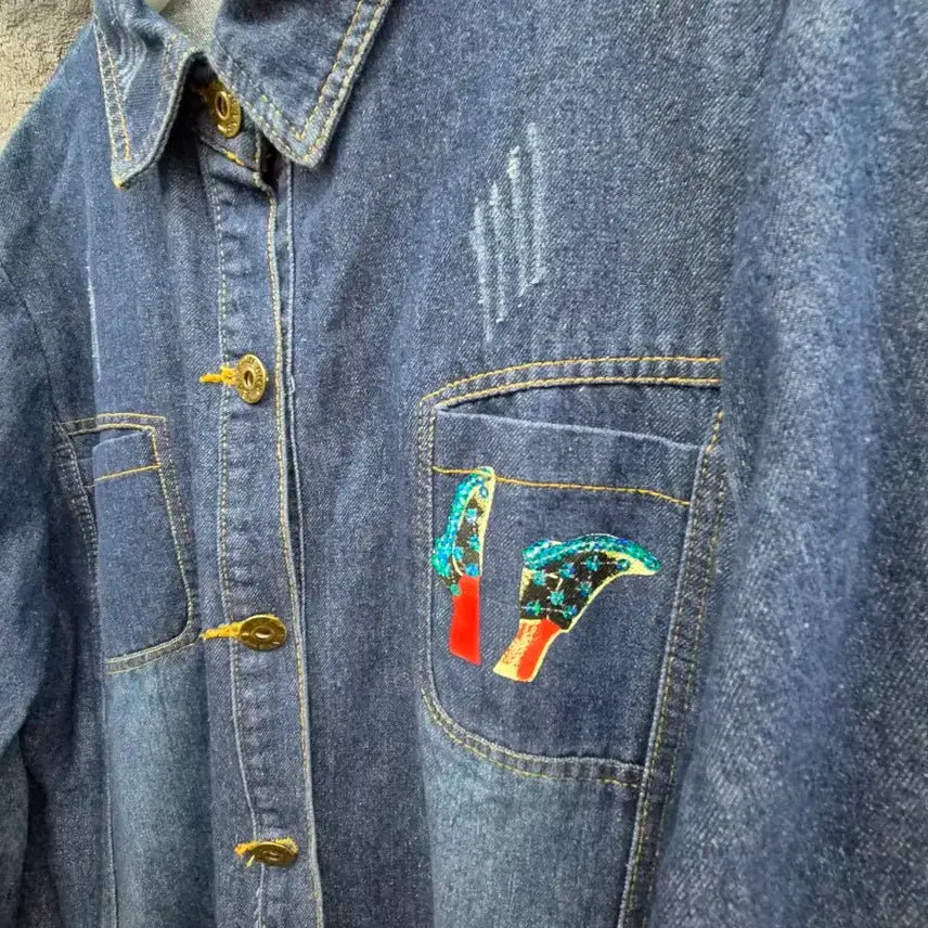 [BUNJANG] Unbranded Denim Long Jacket with Embroidery Detail / 데님 자켓 청자켓 데님셔츠