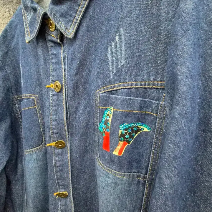 [BUNJANG] Unbranded Denim Long Jacket with Embroidery Detail / 데님 자켓 청자켓 데님셔츠
