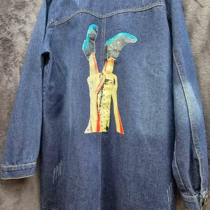 [BUNJANG] Unbranded Denim Long Jacket with Embroidery Detail / 데님 자켓 청자켓 데님셔츠