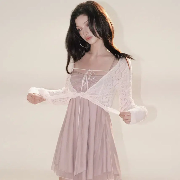 [BUNJANG] BulletNini Pink Color Block Satin Dress / BulletNini 불렛니니 메시 새틴 컬러 블록 핑크 드레스