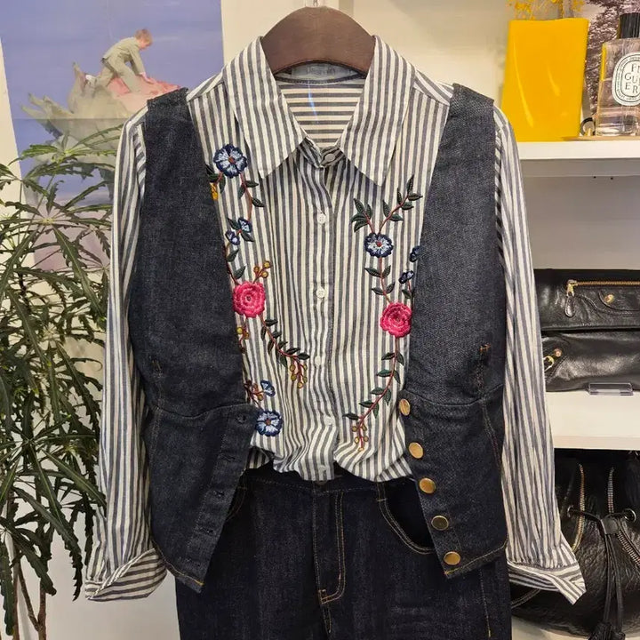 [BUNJANG] Jasmin Floral Embroidery Striped Shirt / Jasmin 꽃자수 스트라잎 줄무늬 셔츠