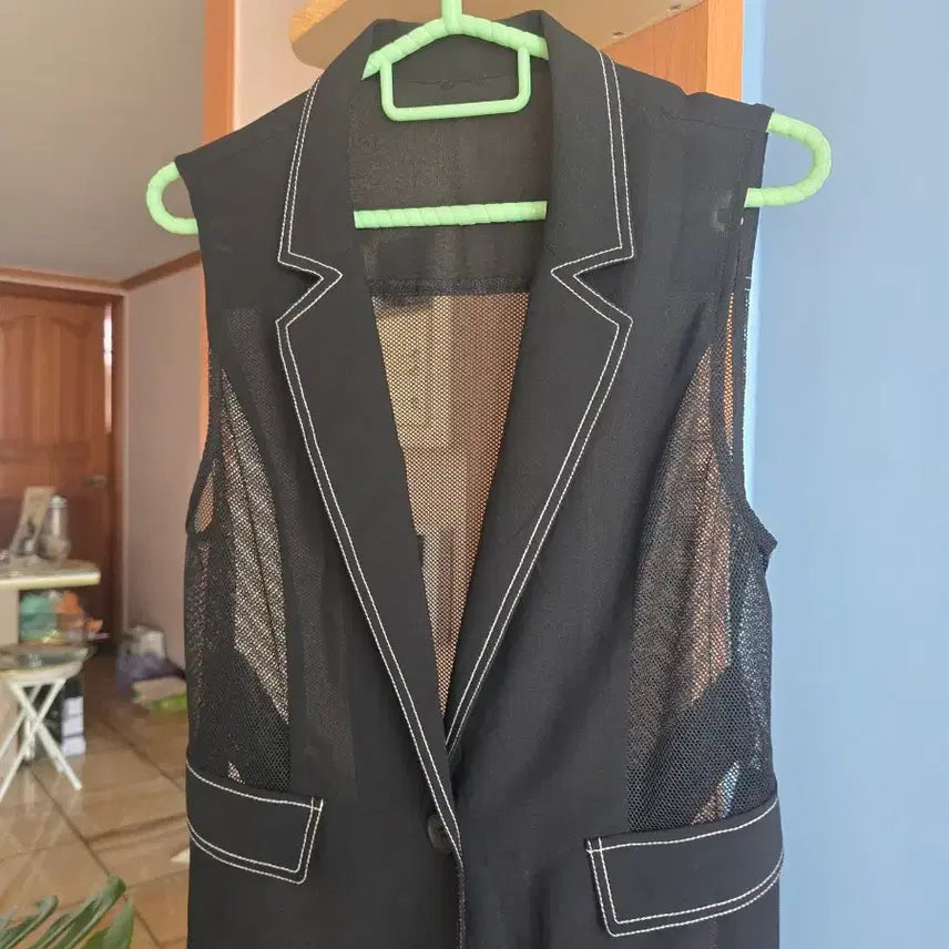 [BUNJANG] Black Mesh Panel Long Vest 66 / 블랙 메쉬 배색 롱 베스트 66