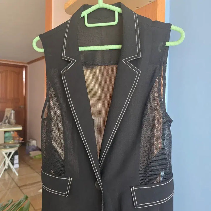 [BUNJANG] Black Mesh Panel Long Vest 66 / 블랙 메쉬 배색 롱 베스트 66