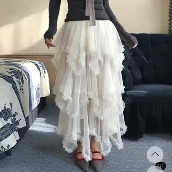[BUNJANG] Cloudmotion Chiffon Ruffle Skirt White / 클라우드모션 쉬폰 캉캉 프릴 스커트 화이트