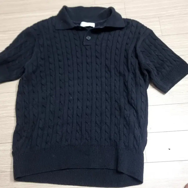 [BUNJANG] Minay Cable Knit Short Sleeve Polo Shirt - Black / minay 케이블 니트 반팔 카라티 블랙