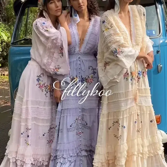 [BUNJANG] Fillyboo Bohemian Embroidered Long Dress / Fillyboo 필리부 롱 드레스 보헤미안 아이보리 자수 원피스 XS
