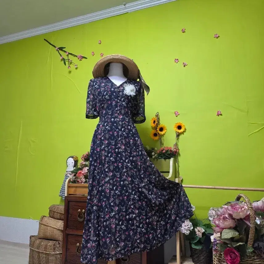 [BUNJANG] Date Look Floral Print Chiffon Long Dress / 데이트룩/ 브이넥/ 반소매  / 잔꽃무늬/ 쉬폰 롱원피스