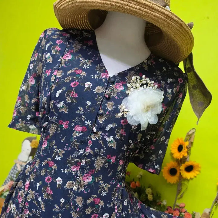 [BUNJANG] Date Look Floral Print Chiffon Long Dress / 데이트룩/ 브이넥/ 반소매  / 잔꽃무늬/ 쉬폰 롱원피스