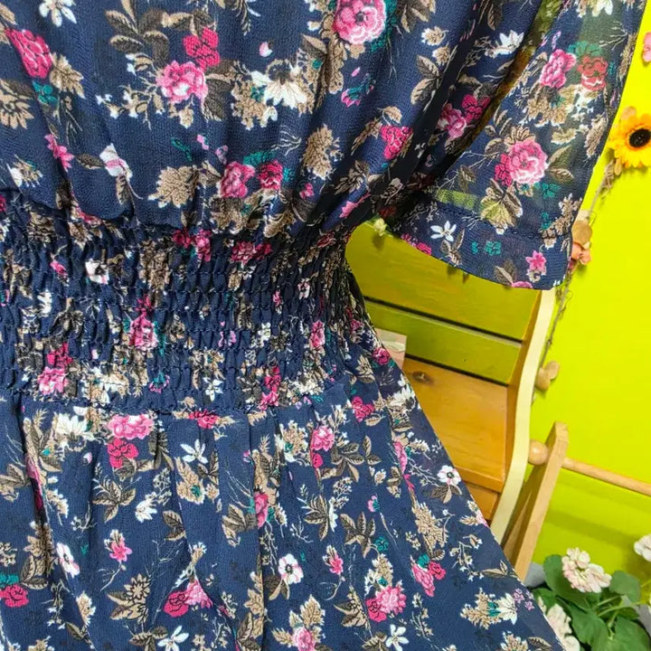 [BUNJANG] Date Look Floral Print Chiffon Long Dress / 데이트룩/ 브이넥/ 반소매  / 잔꽃무늬/ 쉬폰 롱원피스