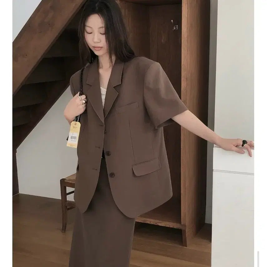 [SOLD OUT] (택채새상품) 르버터 린넨 스티치 오버핏 반팔 자켓 신상