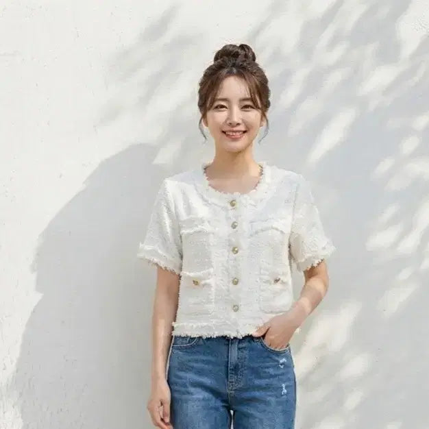 [BUNJANG] Ivory Tweed Cropped Jacket / 아이보리 트위드 반팔 자켓