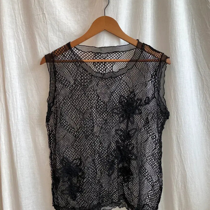 [BUNJANG] Black Net Sleeveless Top (Size M) / 블랙 네트 슬리브리스탑(M)
