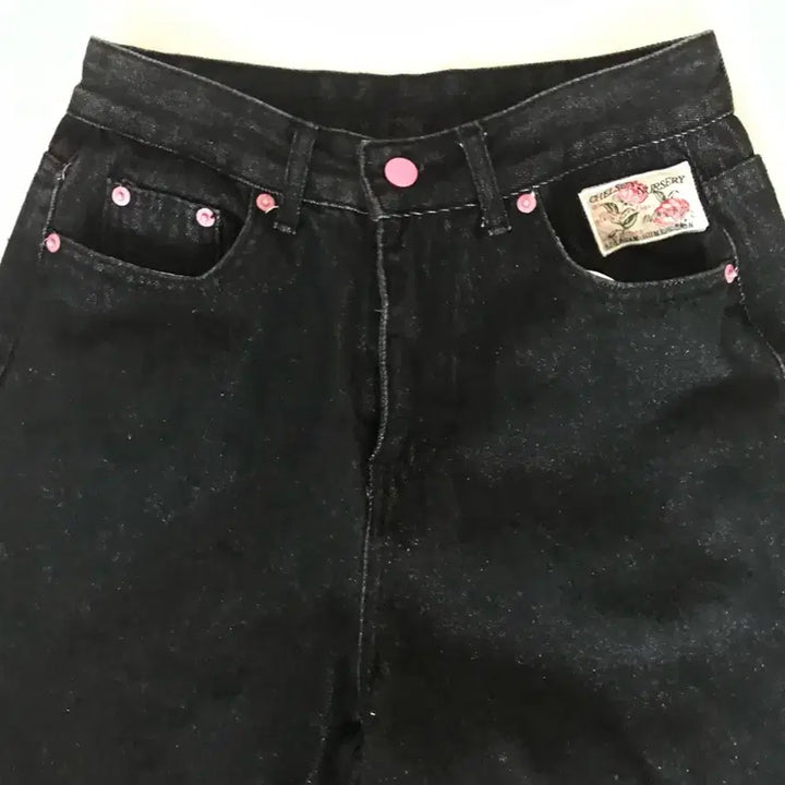 [BUNJANG] Black Denim Pants / 핑크 자수 포인트 블랙데님 M