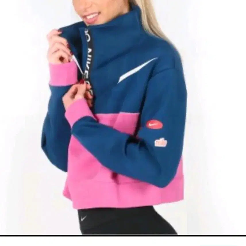 [BUNJANG] Nike Pro Icon Clash Crop Top - Pink/Navy, Size L / 나이키 프로 반집업 크롭 티셔츠 아이콘클래쉬 핑크 네이비 L