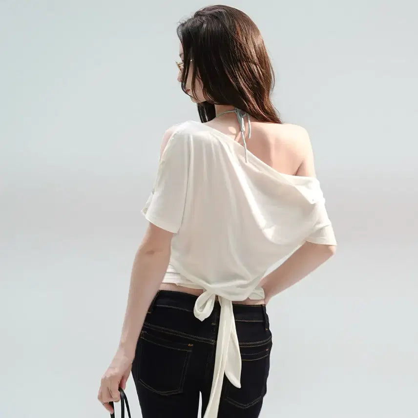 [BUNJANG] BulletNini Bat Sleeve Two-Way Ribbon White Top / BulletNini 불렛니니 배트 슬리브 투웨이 리본 화이트 탑