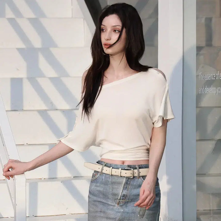 [BUNJANG] BulletNini Bat Sleeve Two-Way Ribbon White Top / BulletNini 불렛니니 배트 슬리브 투웨이 리본 화이트 탑