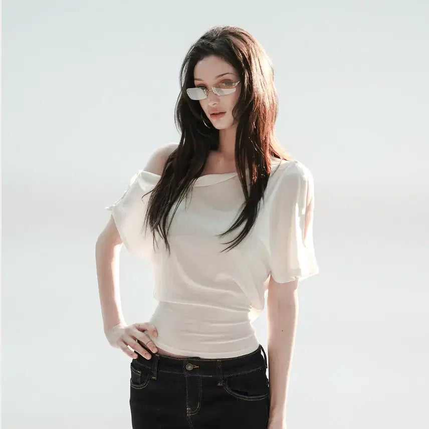 [BUNJANG] BulletNini Bat Sleeve Two-Way Ribbon White Top / BulletNini 불렛니니 배트 슬리브 투웨이 리본 화이트 탑
