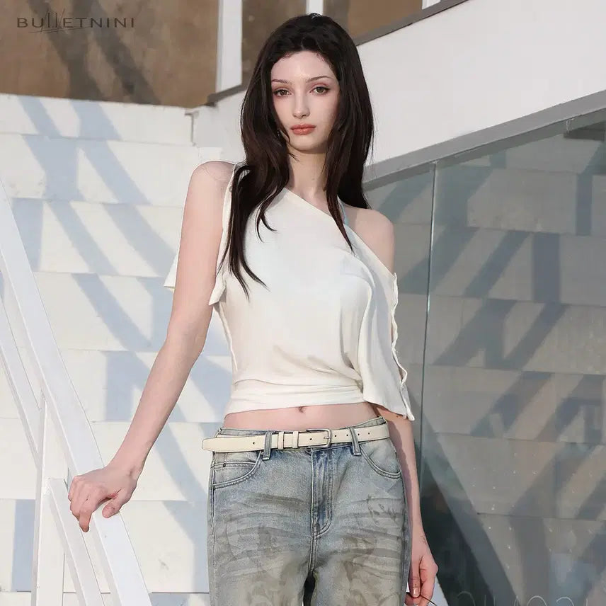 [BUNJANG] BulletNini Bat Sleeve Two-Way Ribbon White Top / BulletNini 불렛니니 배트 슬리브 투웨이 리본 화이트 탑