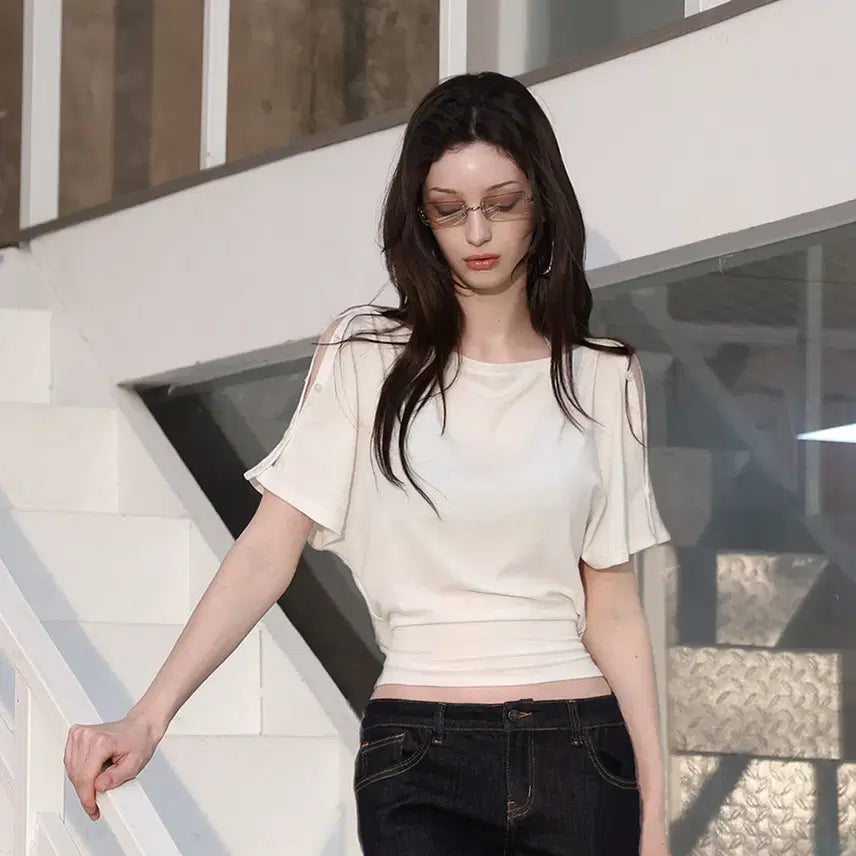 [BUNJANG] BulletNini Bat Sleeve Two-Way Ribbon White Top / BulletNini 불렛니니 배트 슬리브 투웨이 리본 화이트 탑