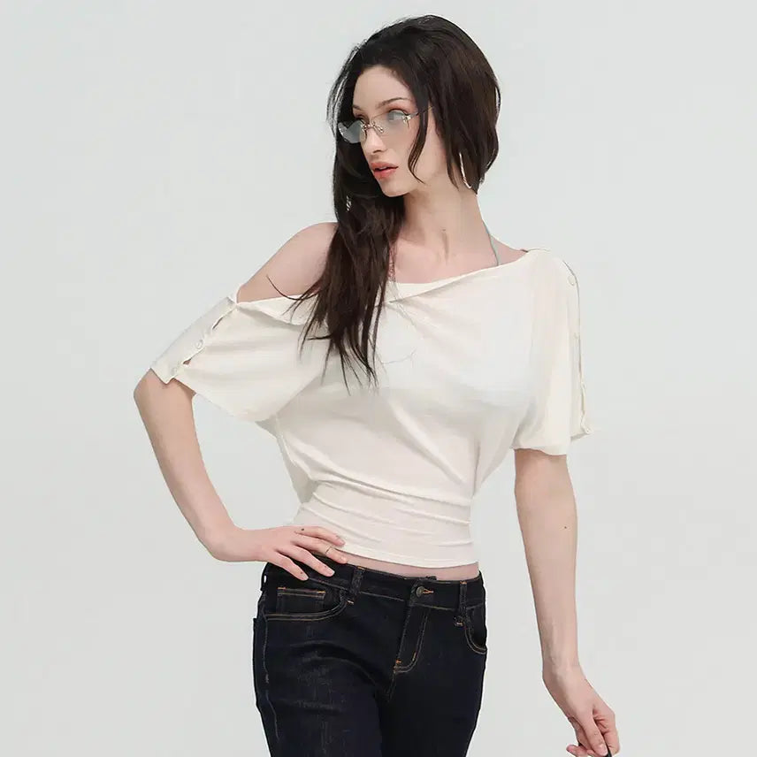 [BUNJANG] BulletNini Bat Sleeve Two-Way Ribbon White Top / BulletNini 불렛니니 배트 슬리브 투웨이 리본 화이트 탑