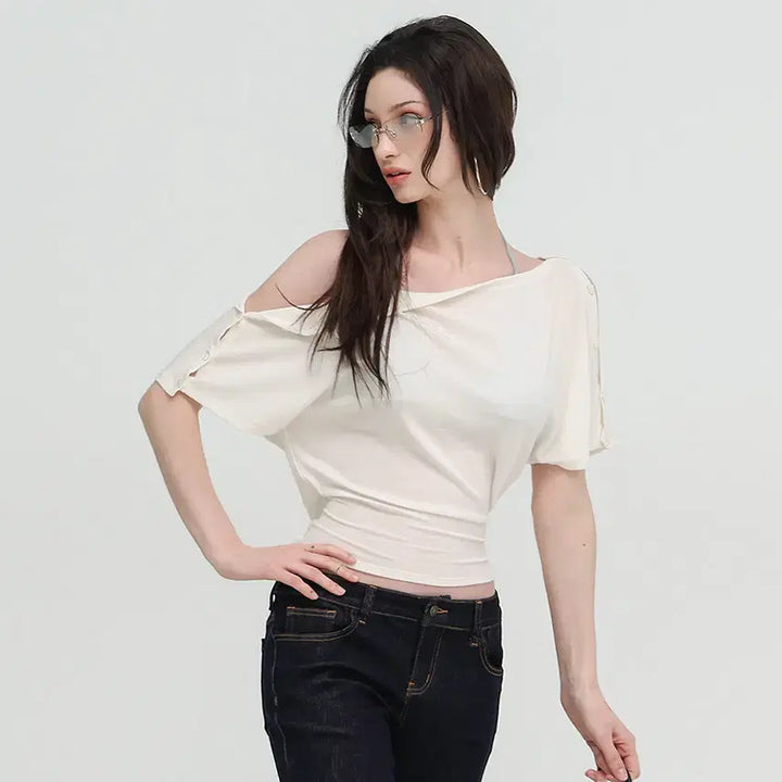 [BUNJANG] BulletNini Bat Sleeve Two-Way Ribbon White Top / BulletNini 불렛니니 배트 슬리브 투웨이 리본 화이트 탑