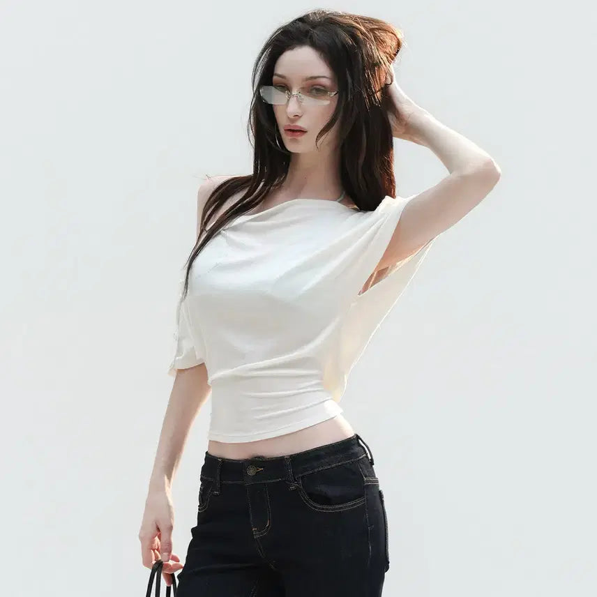 [BUNJANG] BulletNini Bat Sleeve Two-Way Ribbon White Top / BulletNini 불렛니니 배트 슬리브 투웨이 리본 화이트 탑