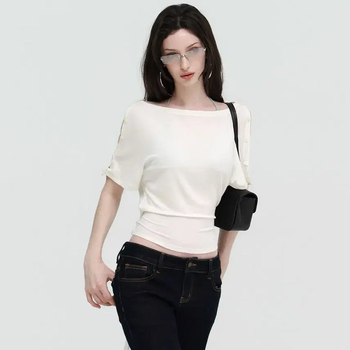 [BUNJANG] BulletNini Bat Sleeve Two-Way Ribbon White Top / BulletNini 불렛니니 배트 슬리브 투웨이 리본 화이트 탑