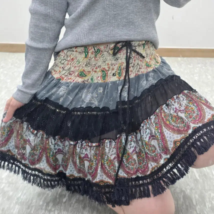 [BUNJANG] Japanese Vintage Oriental Paisley Patchwork Frill Kangkang Skirt / 일본빈티지)오리엔탈 페이즐리 패치워크 프릴캉캉 스즈코모리걸 에스닉 치마