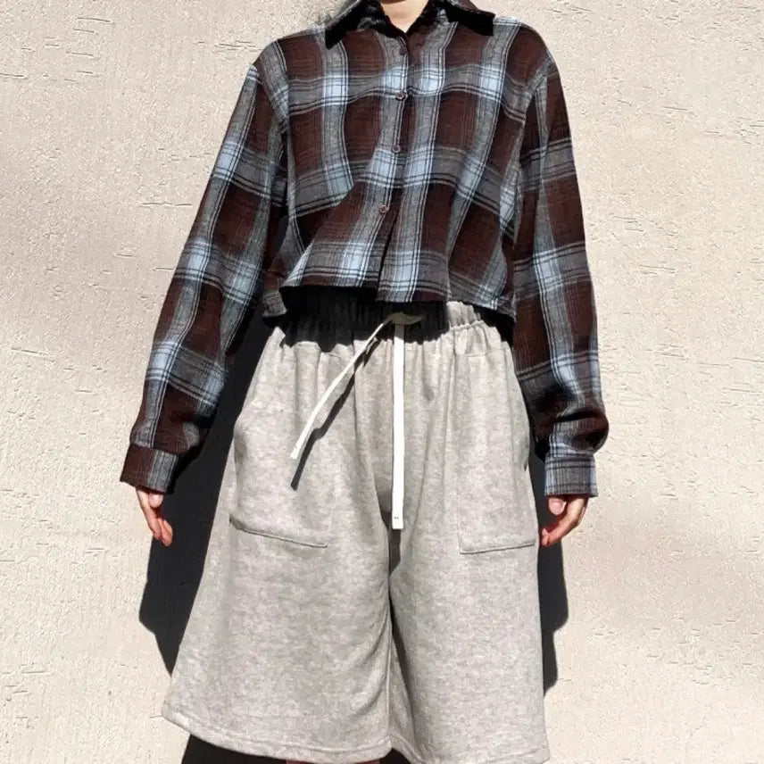 [BUNJANG] Brown Check Cropped Shirt / 체크 크롭 셔츠