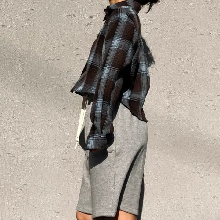 [BUNJANG] Brown Check Cropped Shirt / 체크 크롭 셔츠
