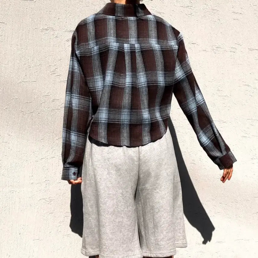 [BUNJANG] Brown Check Cropped Shirt / 체크 크롭 셔츠