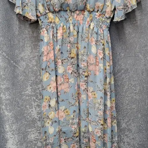 [BUNJANG] Sky Blue Floral Long Chiffon Dress / 하늘색 꽃무늬 롱 쉬폰 원피스