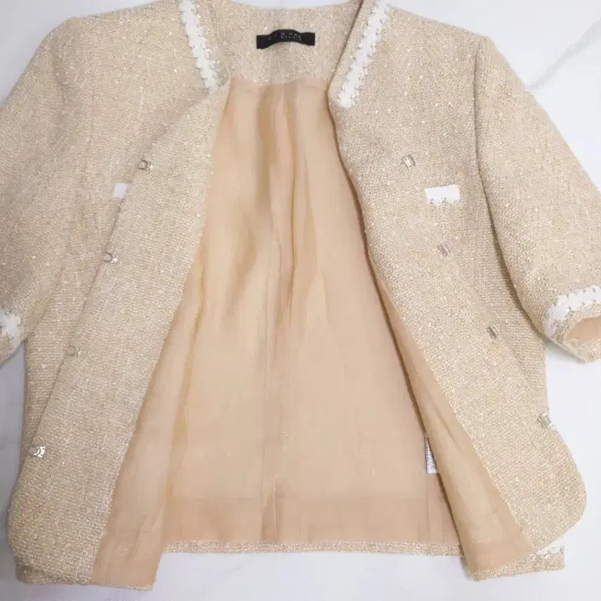 [BUNJANG] Missa Studio Tweed Short Sleeve Jacket Beige 55 / 미샤 스튜디오 트위드 반팔 자켓 베이지 55