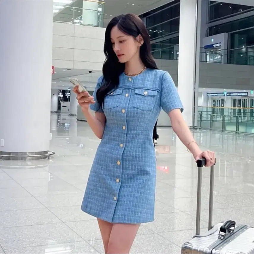 [BUNJANG] Sandro Blue Tweed Short Sleeve Dress / 산드로 블루 트위드 반팔 원피스