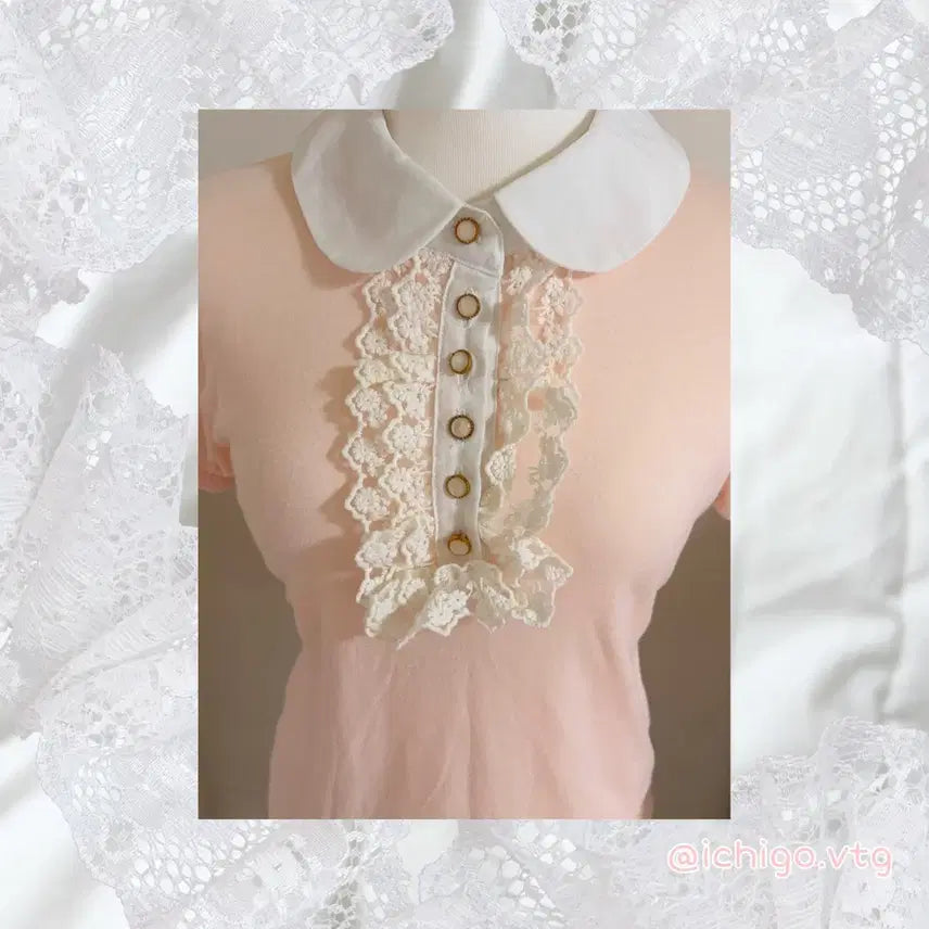 [BUNJANG] Ank Rouge Coral Pink Lace "Ro-gyal Top" Style Blouse / 앙크루즈 코랄핑크 레이스 블라우스 빈티지 로걀탑 stc오월진 리즈리사