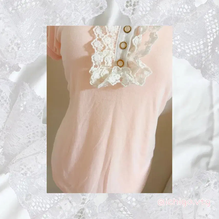 [BUNJANG] Ank Rouge Coral Pink Lace "Ro-gyal Top" Style Blouse / 앙크루즈 코랄핑크 레이스 블라우스 빈티지 로걀탑 stc오월진 리즈리사