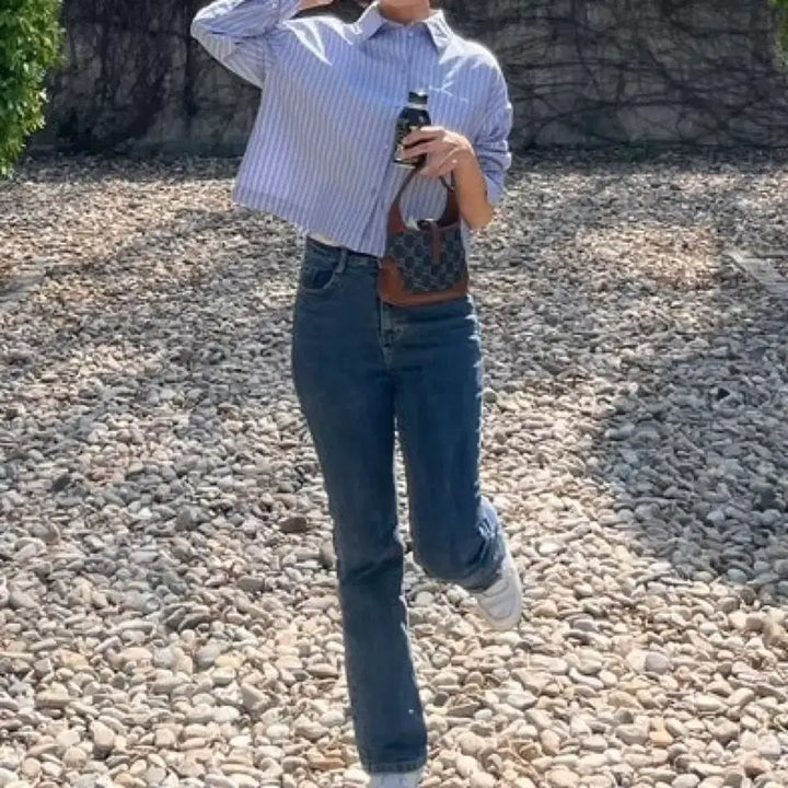 [BUNJANG] ZARA Striped Crop Shirt - Blue / 자라 스트라이프 크롭 셔츠 블루