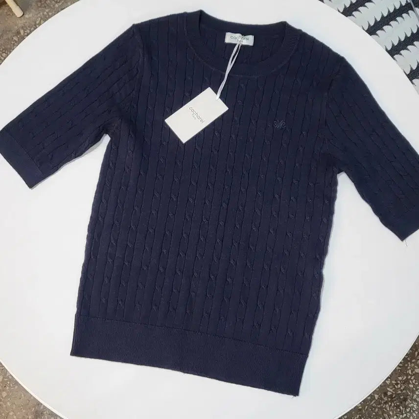 [BUNJANG] Cacharel Navy Cable Knit Short Sleeve Sweater / cacharel 캐시럴 네이비 케이블 반팔 니트