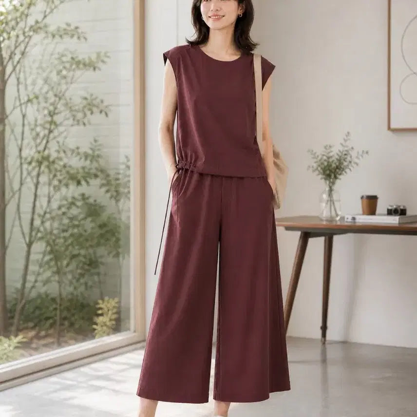 [BUNJANG] TIME Burgundy Setup Blouse + Wide Pants Set / [TIME] 타임 버건디 셋업 블라우스+와이드팬츠 택있는 새상품급 (55